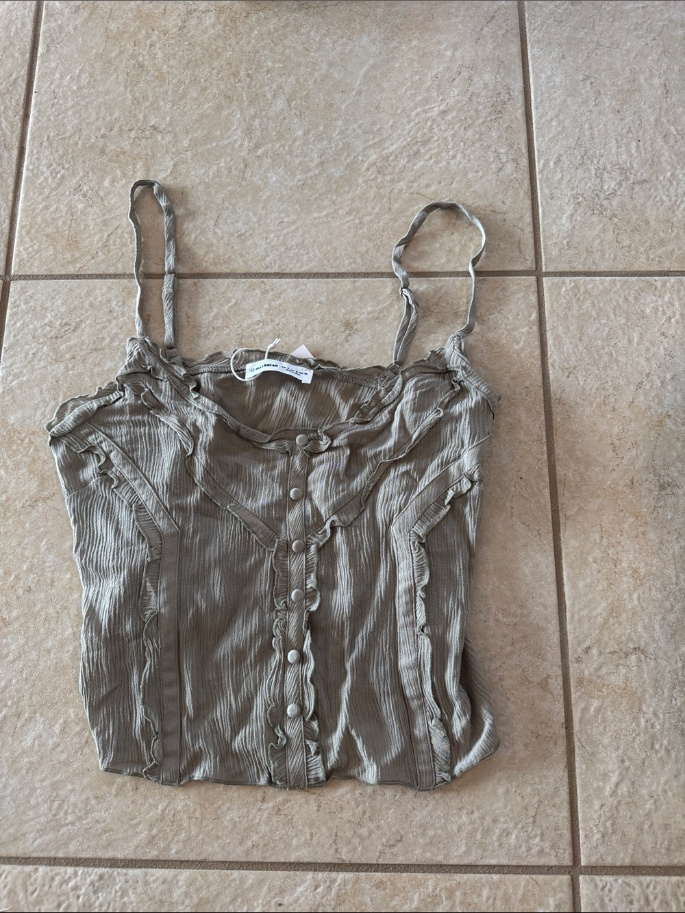 Pull&Bear Olive Green Ruffle-Trim Button-Front Camisole